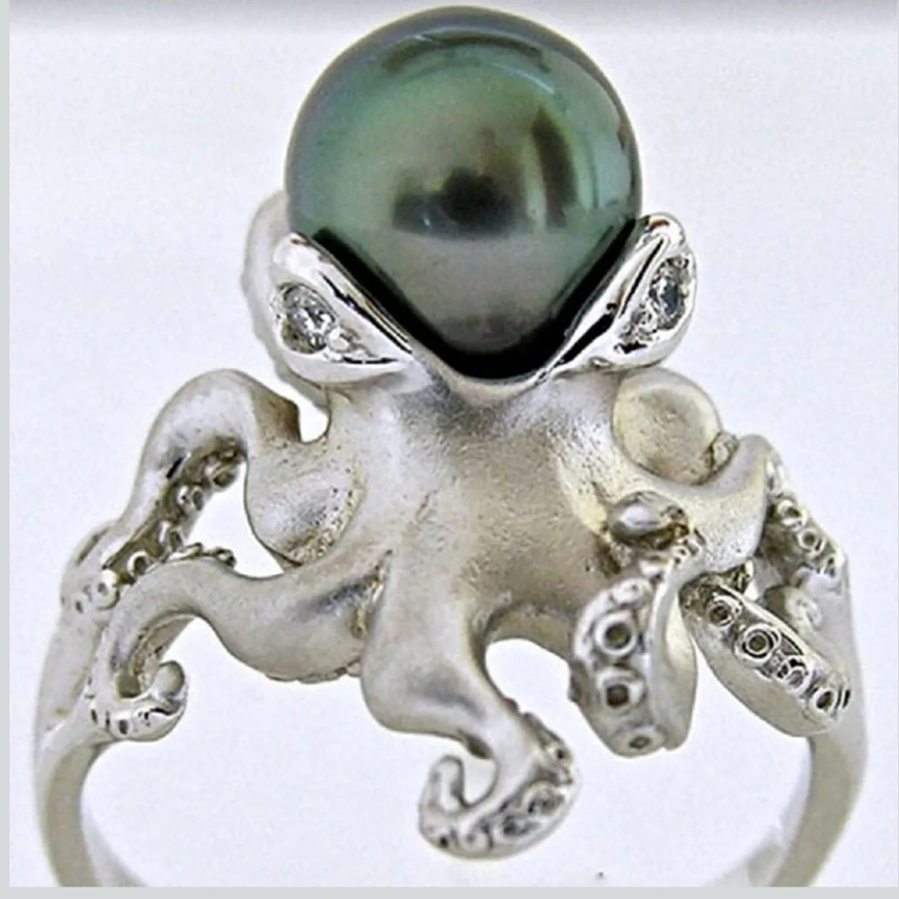 Tahitian Pearl Ring Intense Olive Green Color Very High Luster Stamped 925 Sz 7